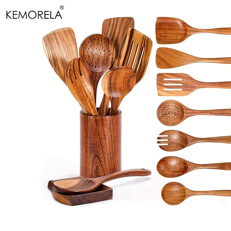 Set de 9 Cucharas de Madera Teak + Soporte