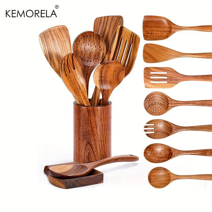 Set de 9 Cucharas de Madera Teak + Soporte